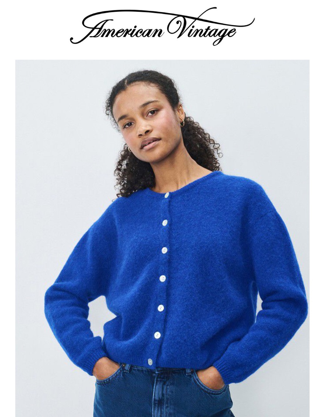 American Vintage Vitow Royal Blue Alpaca Wool Cardigan M Quiet Luxury French Gir